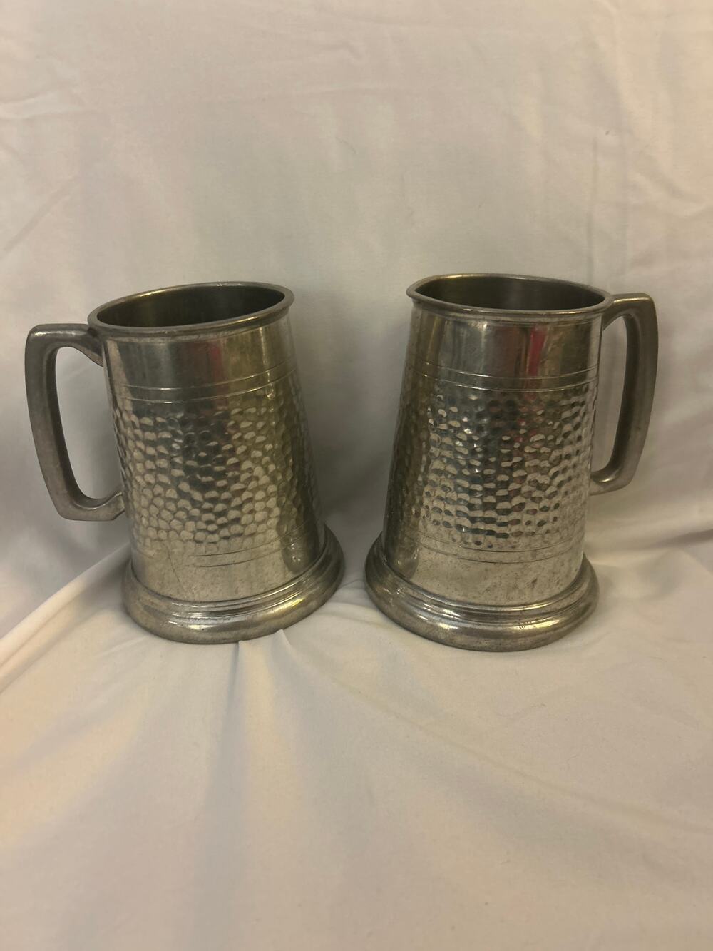 Vintage Hammered English Pewter Tankards - Pair of 2 Sheffield Beer Mugs